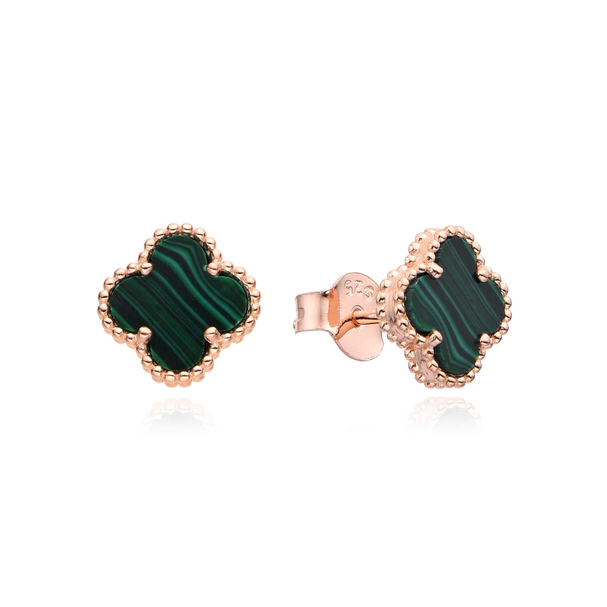 עגילי כסף 925 צמודים פרח קטן ציפוי רוז גולד ירוק